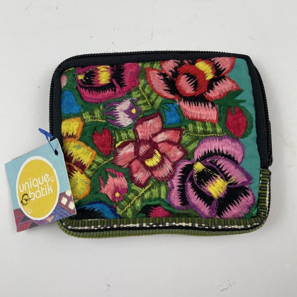 Unique Batik Floral Embroidered Mini Wallet Vibrant Color Zip Around Card Slots